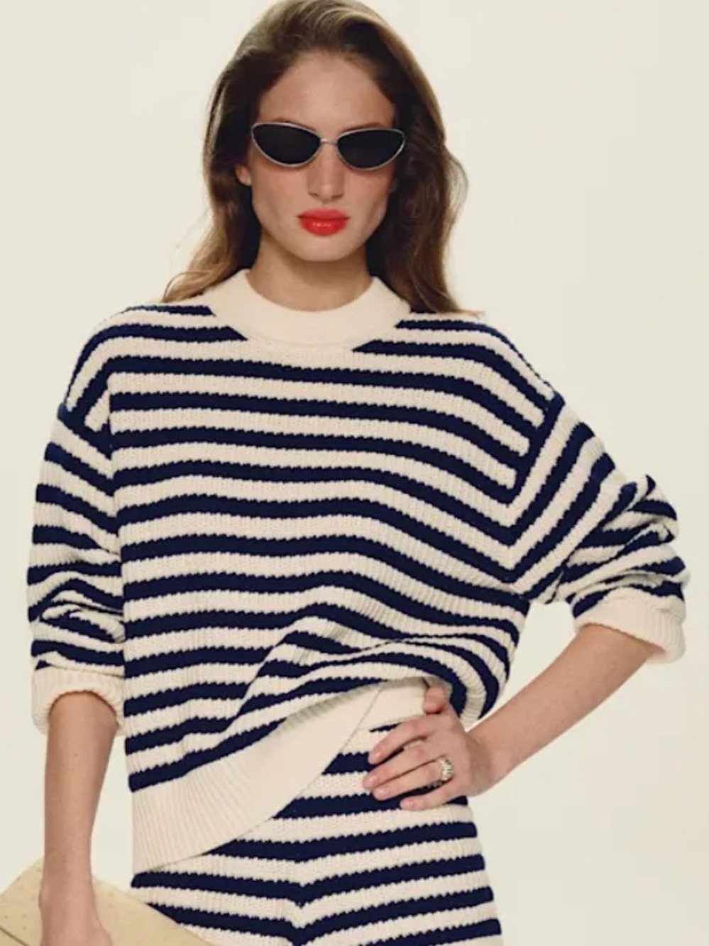 Reformation Navy and Cream Striped Crewneck Sweater